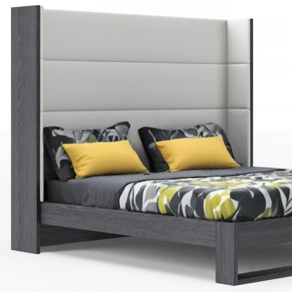 Homeroots Gray And White Wood And Faux Leather King Bed Frame   486272