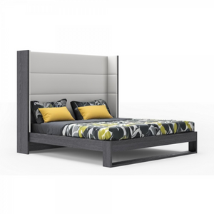 Homeroots Gray And White Wood And Faux Leather King Bed Frame   486272