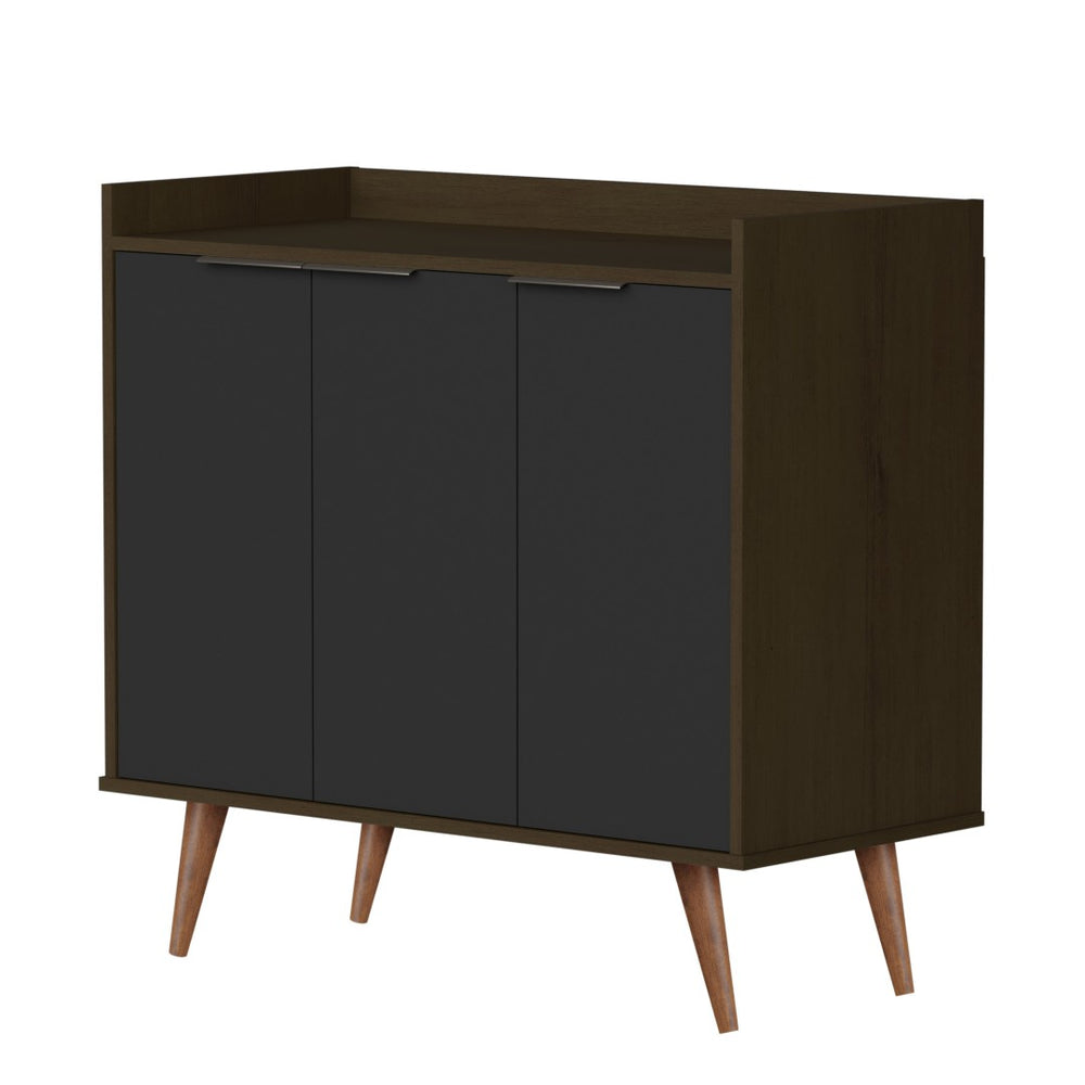HomeRoots 35" Stylish Dark Brown and Black Buffet Chest with Three Shelves for Modern Home Storage Solutions 486280