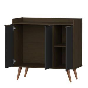 HomeRoots 35" Stylish Dark Brown and Black Buffet Chest with Three Shelves for Modern Home Storage Solutions 486280