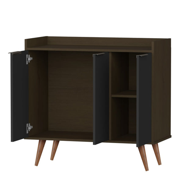 HomeRoots 35" Stylish Dark Brown and Black Buffet Chest with Three Shelves for Modern Home Storage Solutions 486280