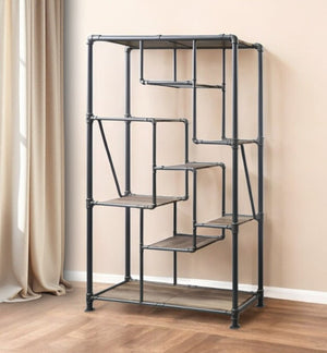 HomeRoots Gray Eight-Tier Metal Bookcase with Wood-Tone Shelves – Stylish Storage for Modern Spaces and Decor 486284