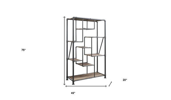 HomeRoots Gray Eight-Tier Metal Bookcase with Wood-Tone Shelves – Stylish Storage for Modern Spaces and Decor 486284
