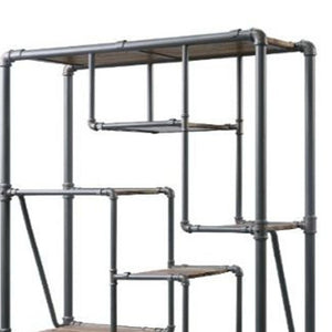 HomeRoots Gray Eight-Tier Metal Bookcase with Wood-Tone Shelves – Stylish Storage for Modern Spaces and Decor 486284