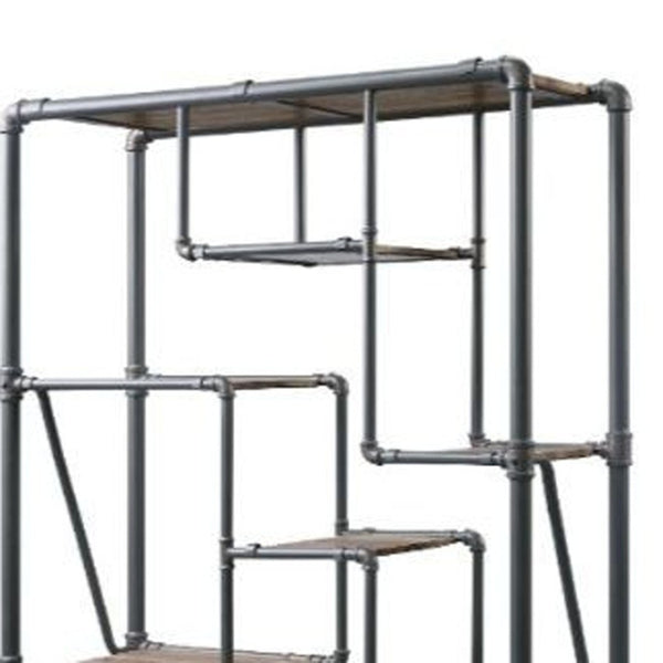HomeRoots Gray Eight-Tier Metal Bookcase with Wood-Tone Shelves – Stylish Storage for Modern Spaces and Decor 486284