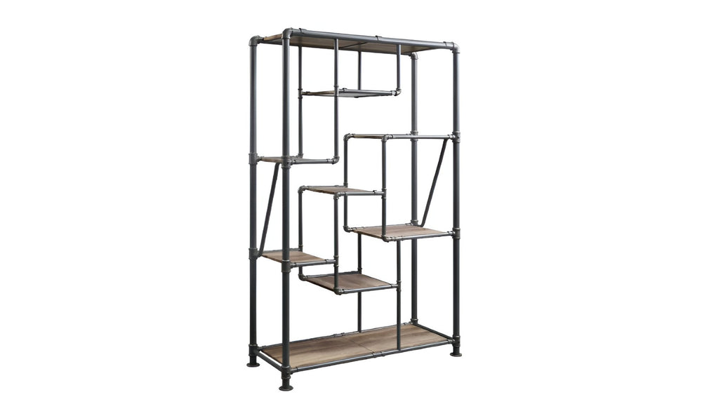 HomeRoots Gray Eight-Tier Metal Bookcase with Wood-Tone Shelves – Stylish Storage for Modern Spaces and Decor 486284