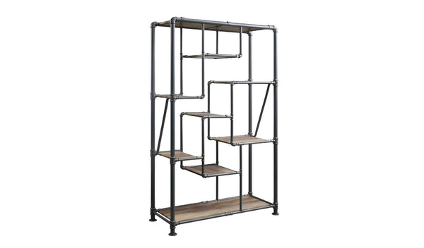HomeRoots Gray Eight-Tier Metal Bookcase with Wood-Tone Shelves – Stylish Storage for Modern Spaces and Decor 486284