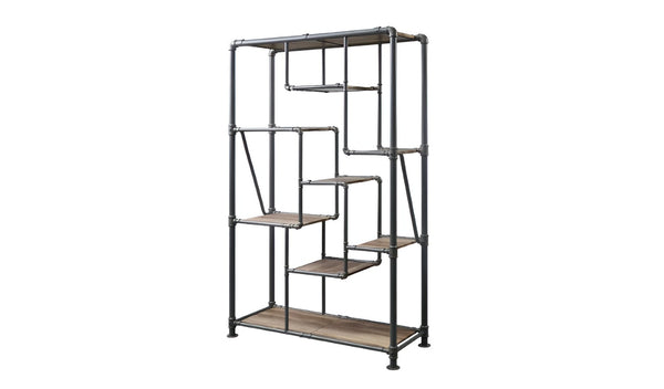 HomeRoots Gray Eight-Tier Metal Bookcase with Wood-Tone Shelves – Stylish Storage for Modern Spaces and Decor 486284