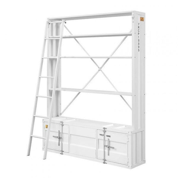 Homeroots 83" White Four Tier Cargo Style Bookcase With Cabinets And Ladder   486286