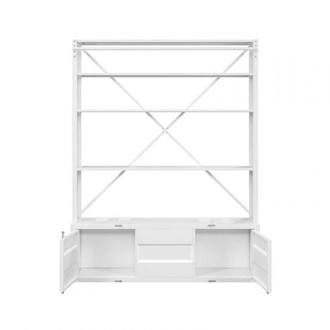 Homeroots 83" White Four Tier Cargo Style Bookcase With Cabinets And Ladder   486286