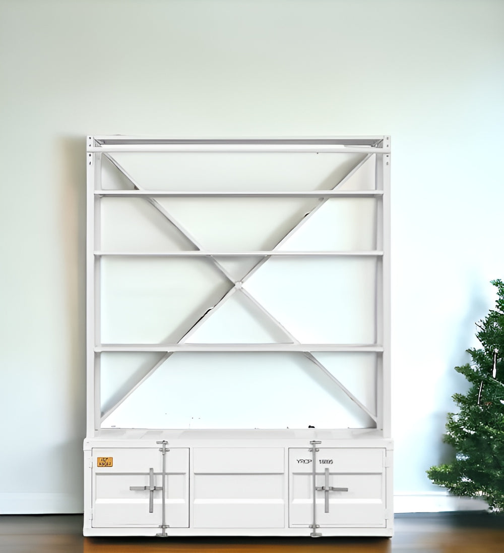 Homeroots 83" White Four Tier Cargo Style Bookcase With Cabinets And Ladder   486286