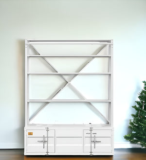 Homeroots 83" White Four Tier Cargo Style Bookcase With Cabinets And Ladder   486286