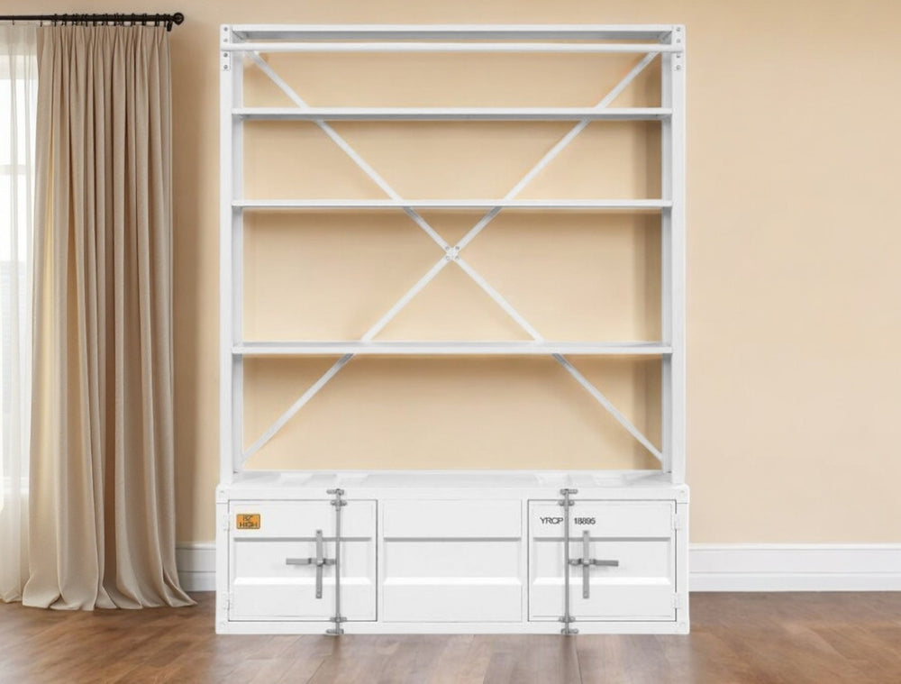 HomeRoots White Modern Three-Tier Bookcase with Convertible Design, Storage Cabinets & Removable Ladder Features 486286