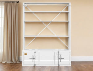 HomeRoots White Modern Three-Tier Bookcase with Convertible Design, Storage Cabinets & Removable Ladder Features 486286