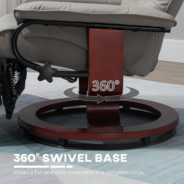 English Elm HOMCOM Gray Faux Leather Manual Recliner with Swivel Wood Base, 145° Recline, Padded Armrest and Footrest W2225P173862