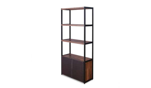HomeRoots Brown Three-Tier Bookcase with Black Metal Frame and Two Doors – Stylish Storage for Any Space 486292
