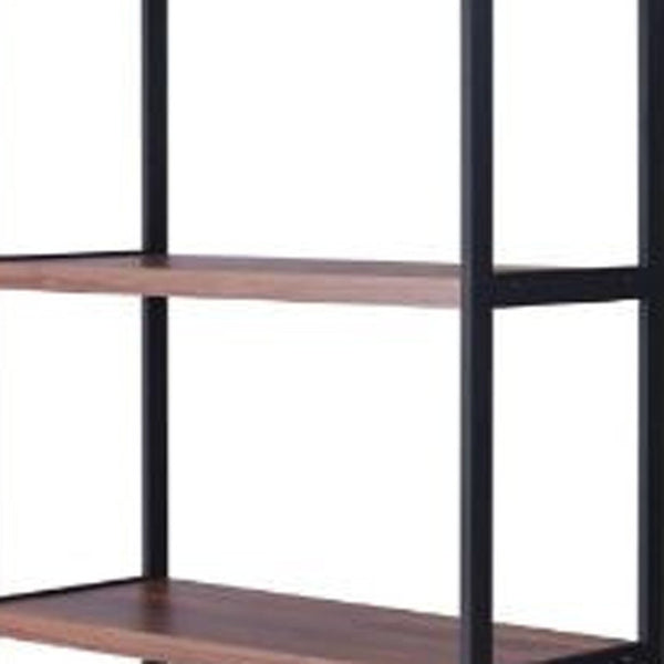 HomeRoots Brown Three-Tier Bookcase with Black Metal Frame and Two Doors – Stylish Storage for Any Space 486292