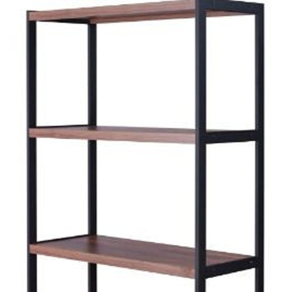HomeRoots Brown Three-Tier Bookcase with Black Metal Frame and Two Doors – Stylish Storage for Any Space 486292