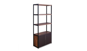HomeRoots Brown Three-Tier Bookcase with Black Metal Frame and Two Doors – Stylish Storage for Any Space 486292