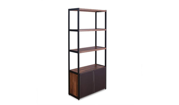 HomeRoots Brown Three-Tier Bookcase with Black Metal Frame and Two Doors – Stylish Storage for Any Space 486292