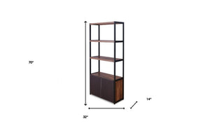 HomeRoots Brown Three-Tier Bookcase with Black Metal Frame and Two Doors – Stylish Storage for Any Space 486292