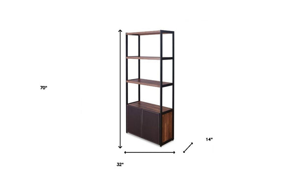 HomeRoots Brown Three-Tier Bookcase with Black Metal Frame and Two Doors – Stylish Storage for Any Space 486292