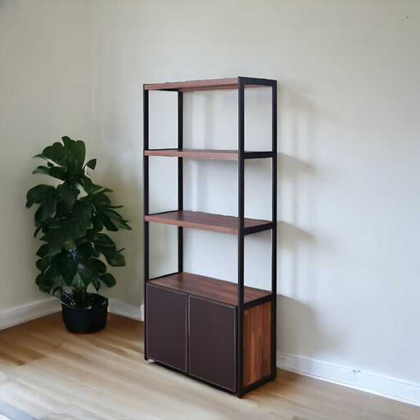 HomeRoots Brown Three-Tier Bookcase with Black Metal Frame and Two Doors – Stylish Storage for Any Space 486292