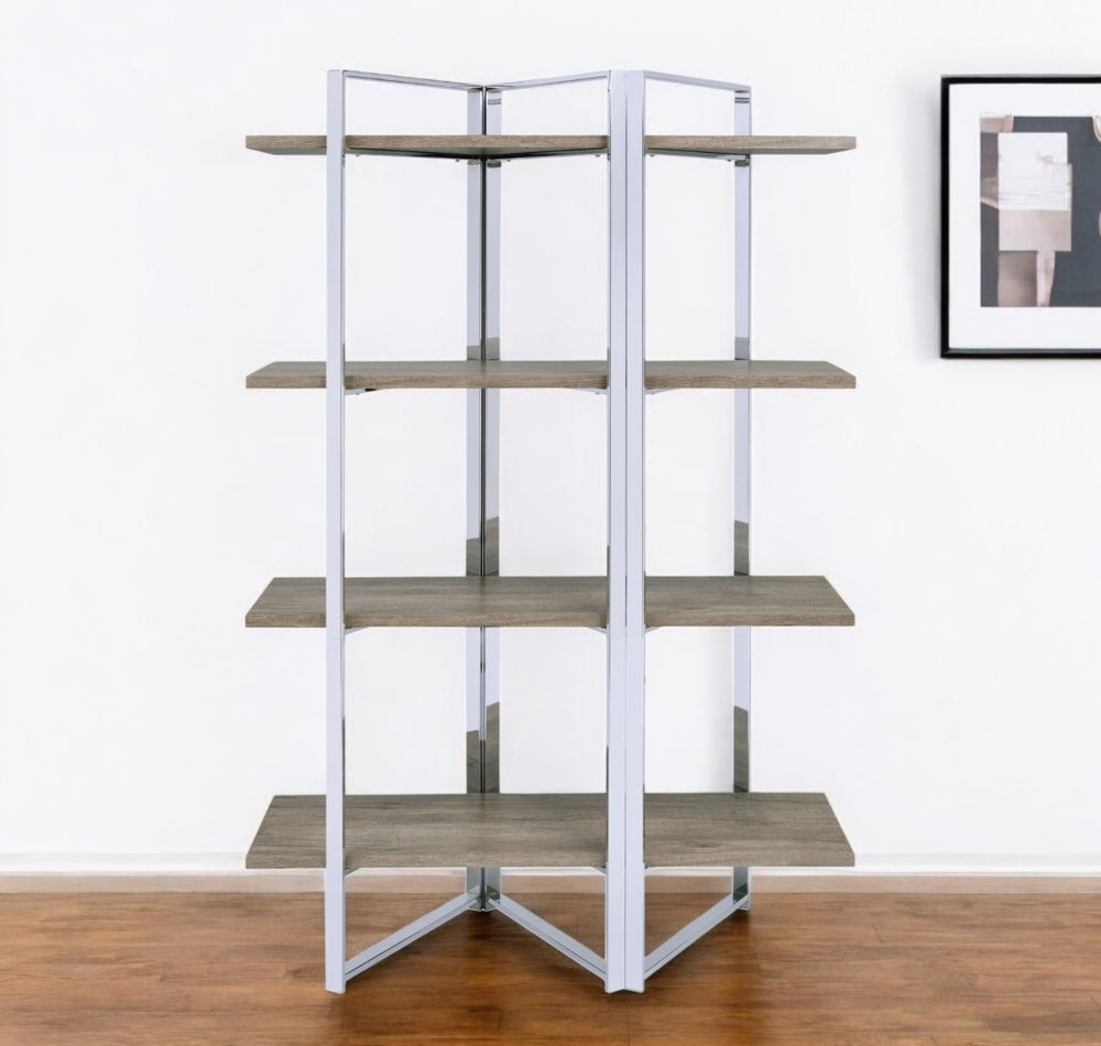 HomeRoots 72" Stylish Natural Wood and Silver Metal Four-Tier Etagere Bookcase for Modern Home Décor Storage 486294