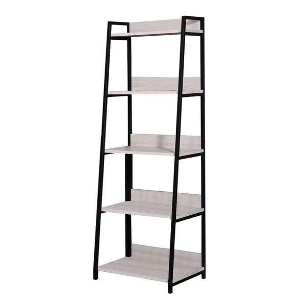 HomeRoots 67" Modern Five-Tier Ladder Bookcase with Natural Wood Shelves & Black Metal Frame for Stylish Storage 486298