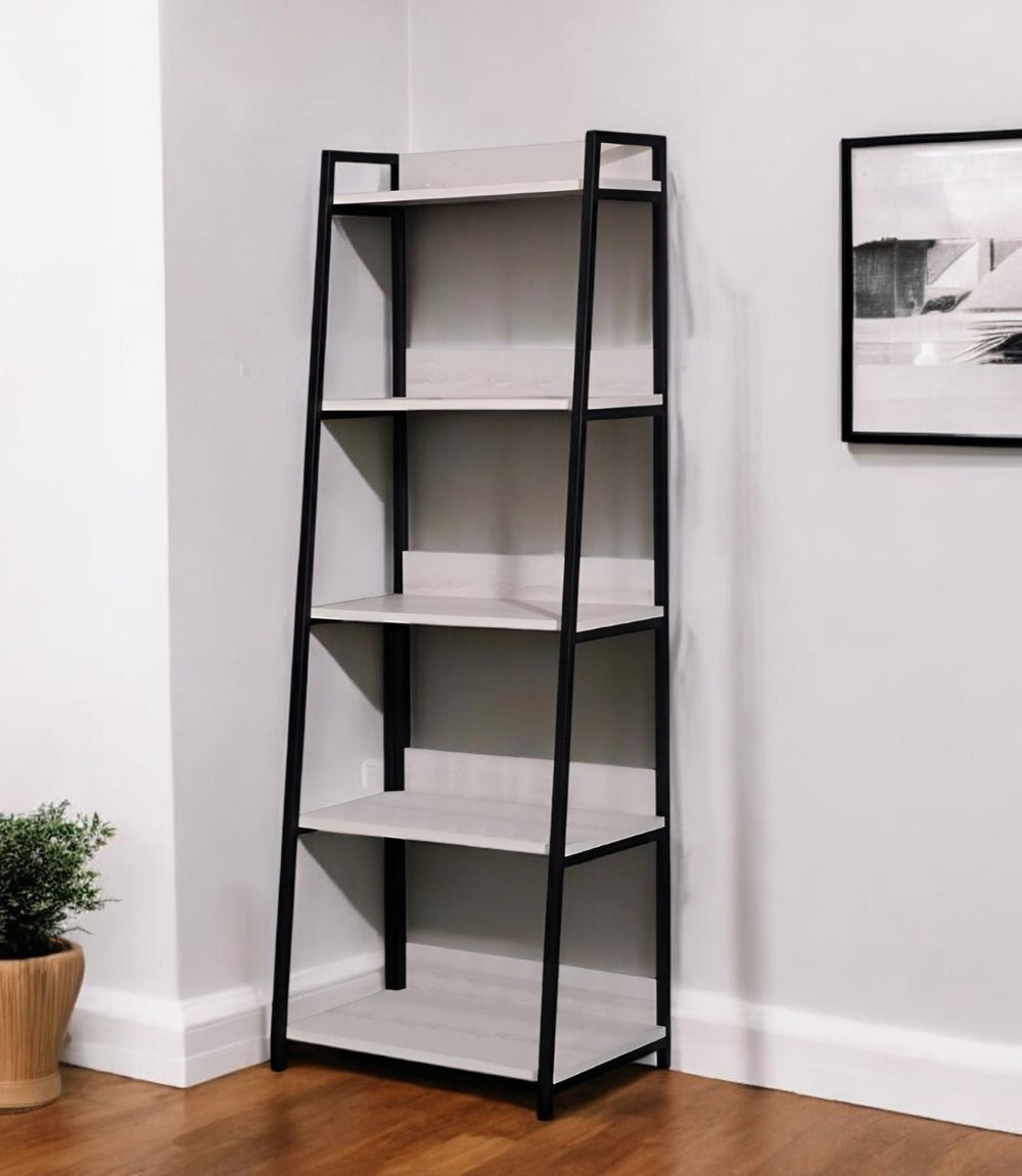 HomeRoots 67" Modern Five-Tier Ladder Bookcase with Natural Wood Shelves & Black Metal Frame for Stylish Storage 486298
