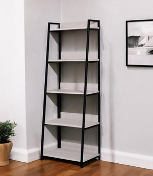 HomeRoots 67" Modern Five-Tier Ladder Bookcase with Natural Wood Shelves & Black Metal Frame for Stylish Storage 486298