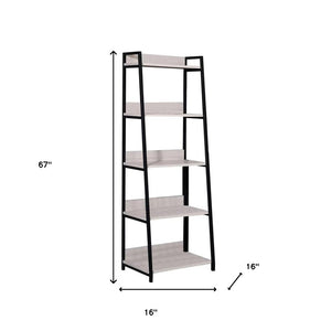 HomeRoots 67" Modern Five-Tier Ladder Bookcase with Natural Wood Shelves & Black Metal Frame for Stylish Storage 486298