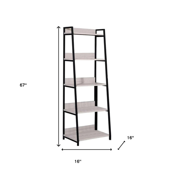 HomeRoots 67" Modern Five-Tier Ladder Bookcase with Natural Wood Shelves & Black Metal Frame for Stylish Storage 486298