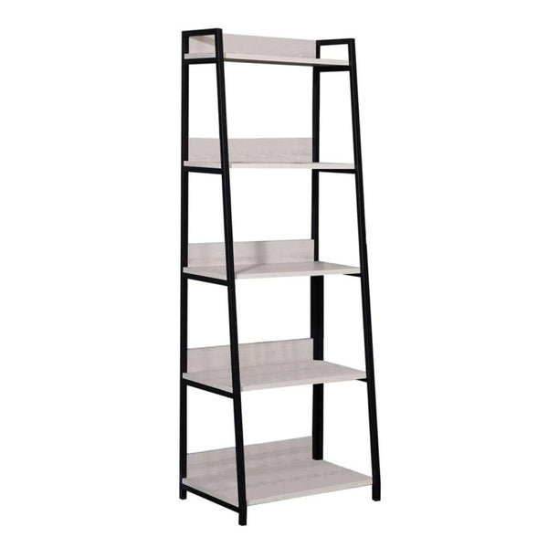 HomeRoots 67" Modern Five-Tier Ladder Bookcase with Natural Wood Shelves & Black Metal Frame for Stylish Storage 486298
