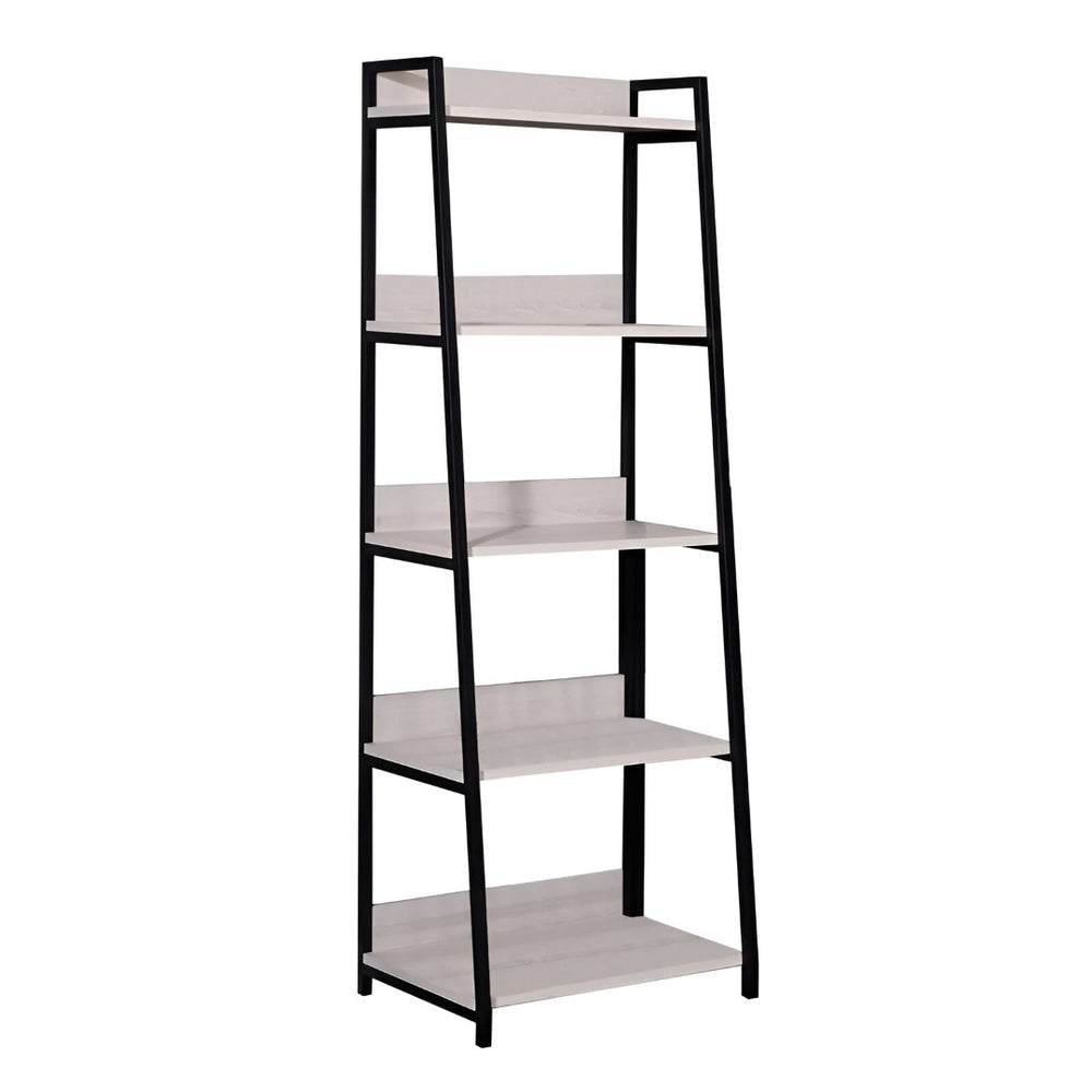 HomeRoots 67" Modern Five-Tier Ladder Bookcase with Natural Wood Shelves & Black Metal Frame for Stylish Storage 486298