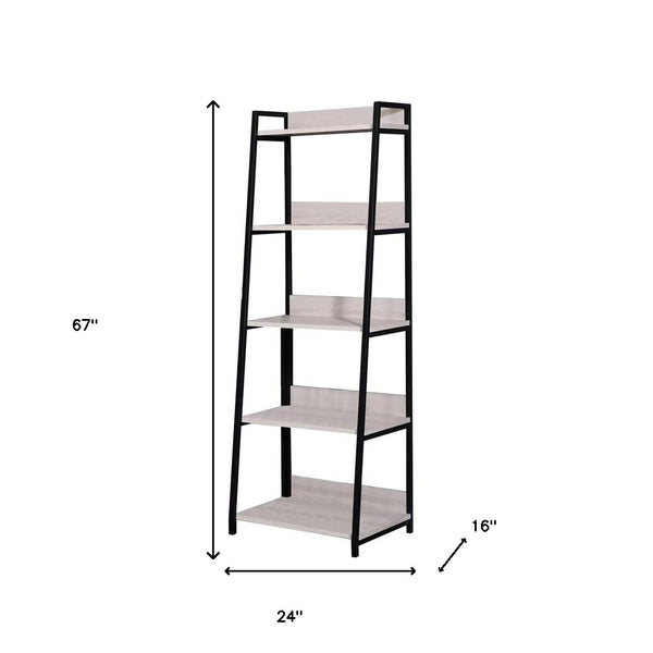Homeroots 67" Natural And Black Metal Five Tier Ladder Bookcase   486299