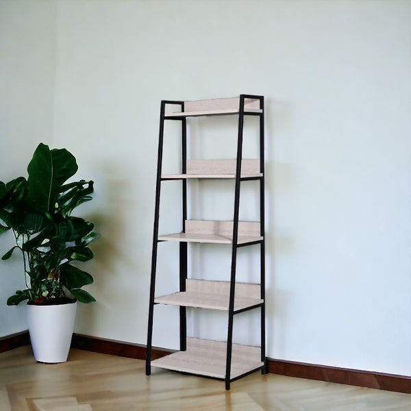 Homeroots 67" Natural And Black Metal Five Tier Ladder Bookcase   486299