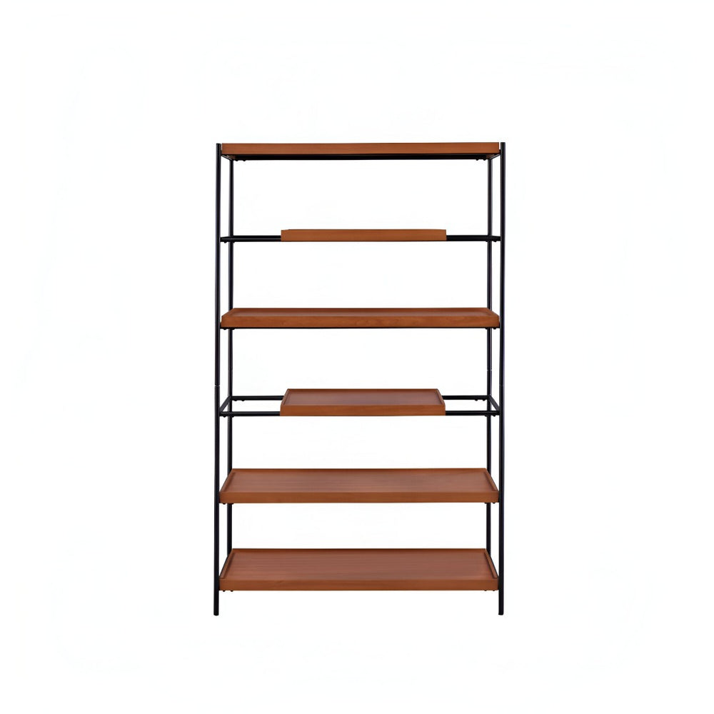 HomeRoots 70" Oak and Black Metal Six-Tier Etagere Bookcase – Stylish Open Storage for Home & Office Décor 486300