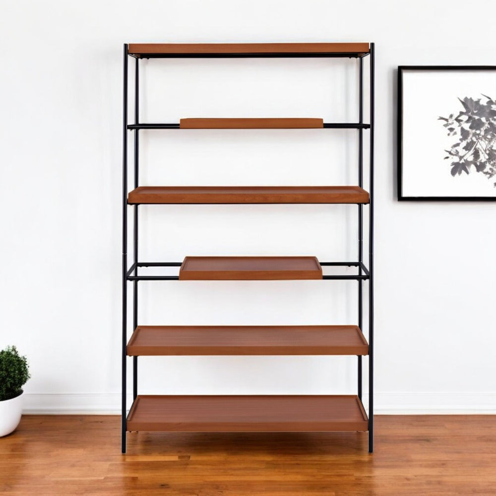 HomeRoots 70" Oak and Black Metal Six-Tier Etagere Bookcase – Stylish Open Storage for Home & Office Décor 486300