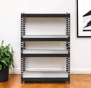 HomeRoots 48" Black and Natural Metal Wood Bookcase - Adjustable Four-Tier Industrial Shelving for Any Space 486305