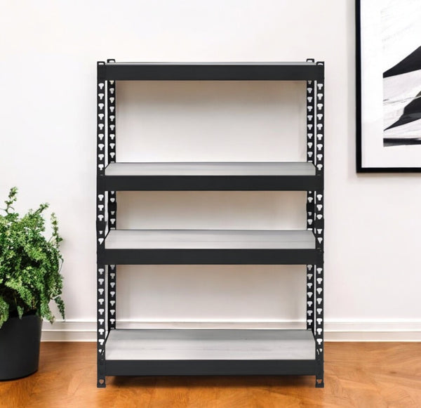 HomeRoots 48" Black and Natural Metal Wood Bookcase - Adjustable Four-Tier Industrial Shelving for Any Space 486305