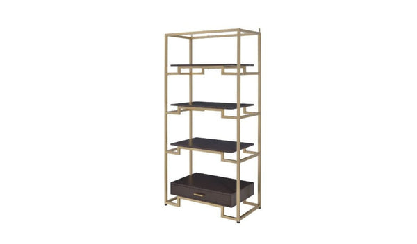 HomeRoots 78" Gold and Black Metal Etagere Bookcase – Stylish Four-Tier Storage with Drawer for Modern Spaces 486306