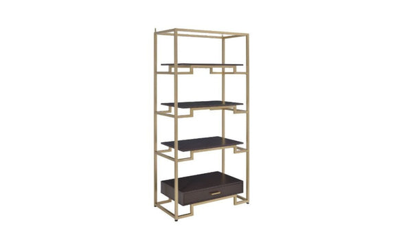 HomeRoots 78" Gold and Black Metal Etagere Bookcase – Stylish Four-Tier Storage with Drawer for Modern Spaces 486306