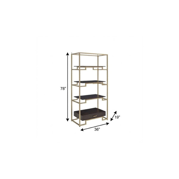 HomeRoots 78" Gold and Black Metal Etagere Bookcase – Stylish Four-Tier Storage with Drawer for Modern Spaces 486306