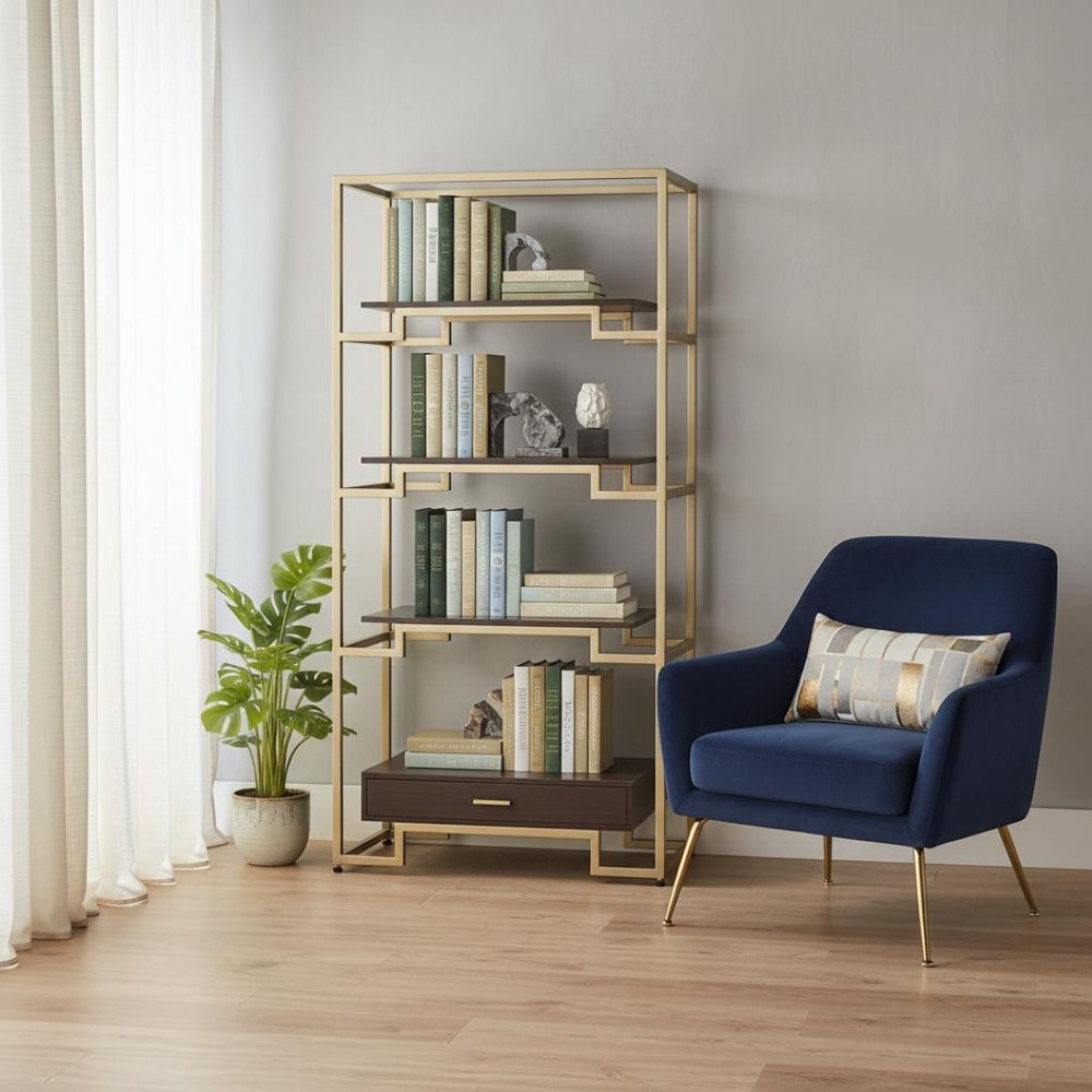 HomeRoots 78" Gold and Black Metal Etagere Bookcase – Stylish Four-Tier Storage with Drawer for Modern Spaces 486306