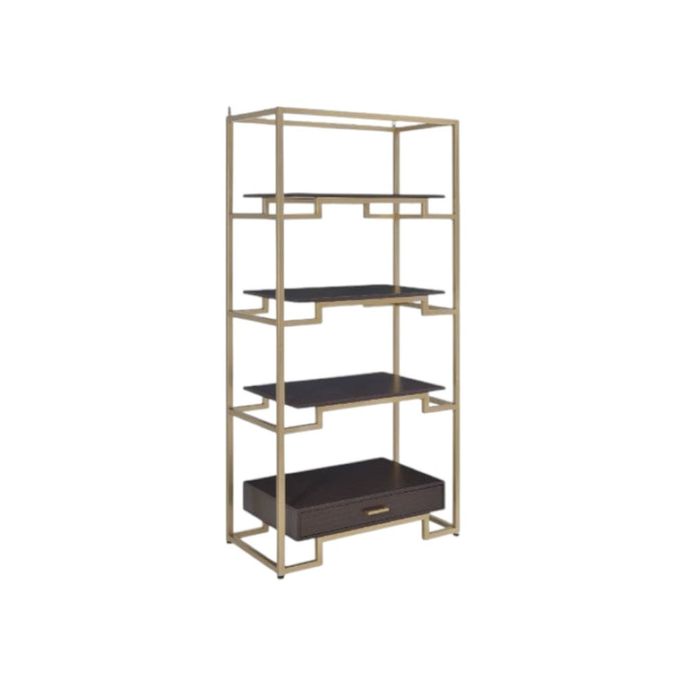 HomeRoots 78" Gold and Black Metal Etagere Bookcase – Stylish Four-Tier Storage with Drawer for Modern Spaces 486306