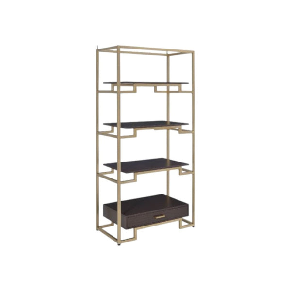 HomeRoots 78" Gold and Black Metal Etagere Bookcase – Stylish Four-Tier Storage with Drawer for Modern Spaces 486306