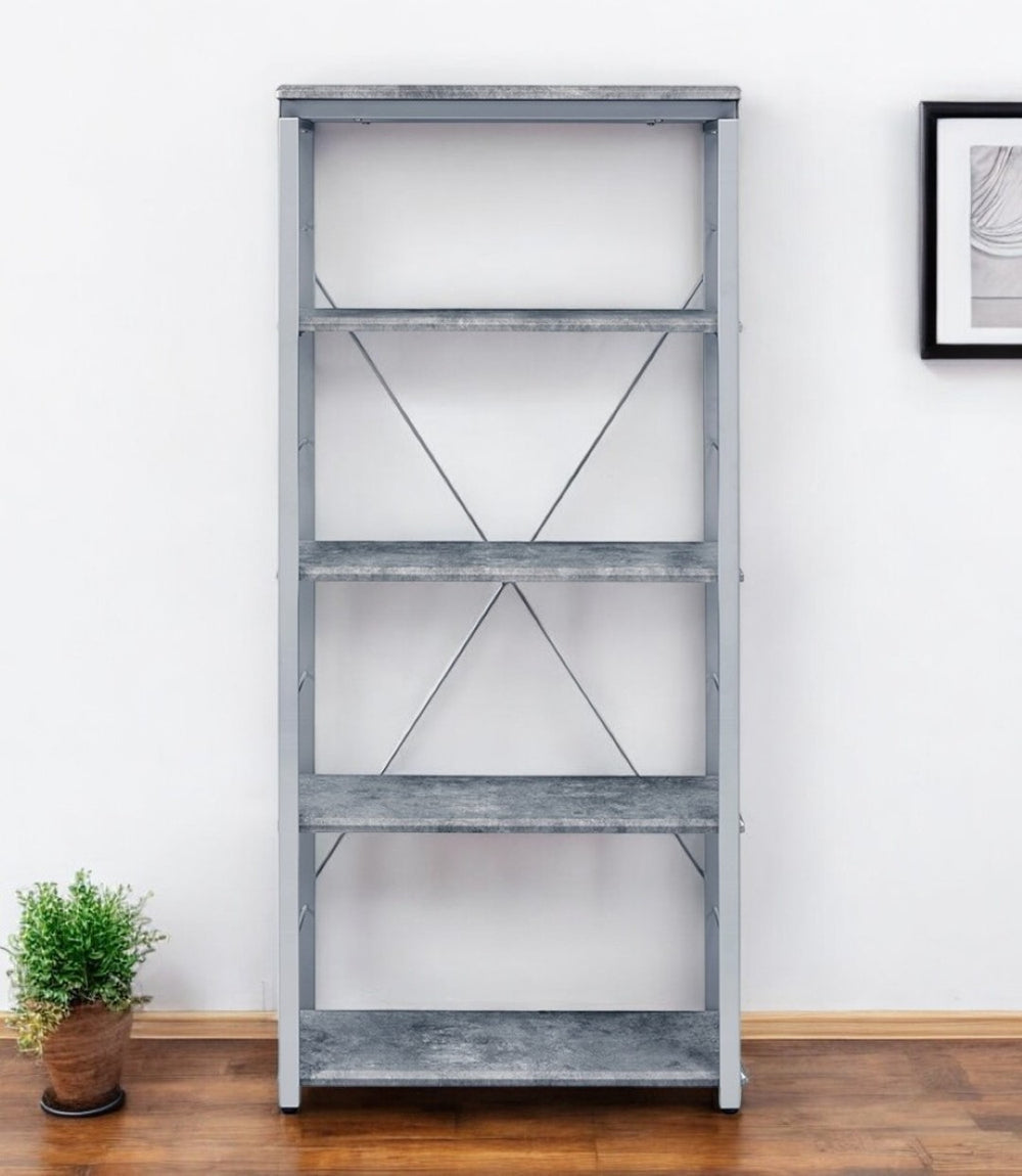 HomeRoots 54" Modern Gray and Silver Metal Wood Etagere Bookcase – Stylish Four-Tier Storage Solution for Any Room 486307