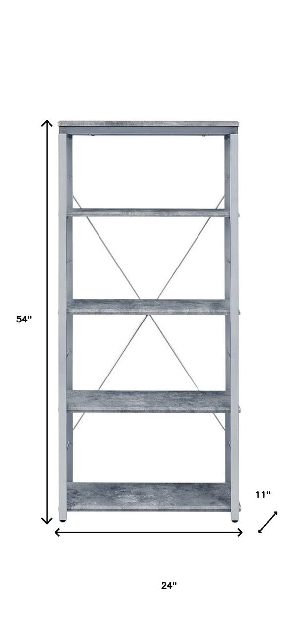 HomeRoots 54" Modern Gray and Silver Metal Wood Etagere Bookcase – Stylish Four-Tier Storage Solution for Any Room 486307