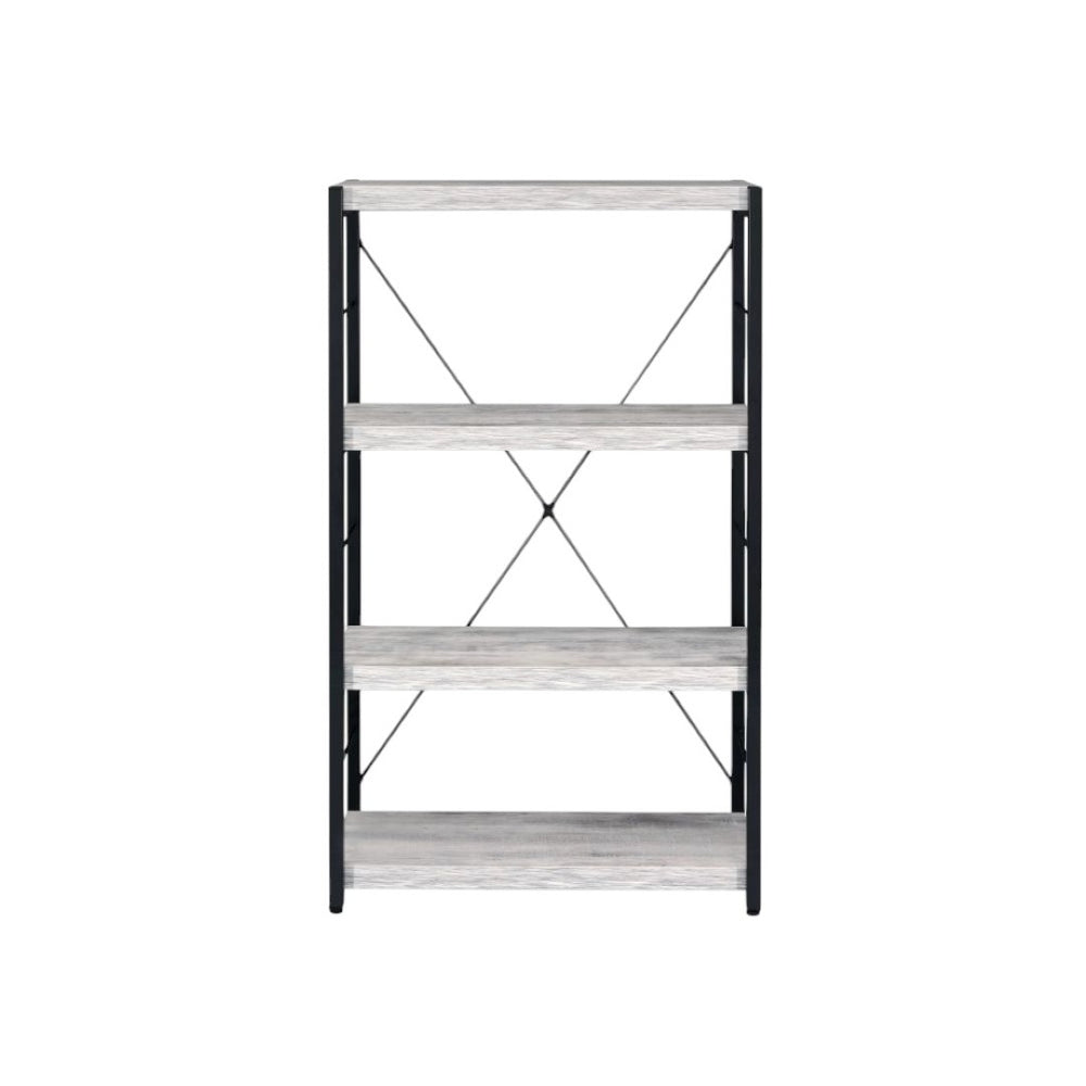 HomeRoots 43" Industrial-Style Antiqued White Wood and Black Metal Four-Tier Etagere Bookcase for Storage 486309